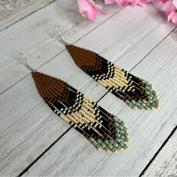 Handmade Jewelry - Boho Seed Beaded Earrings Brown Black Fringe Dangle‎ Drop Earrings 4 in